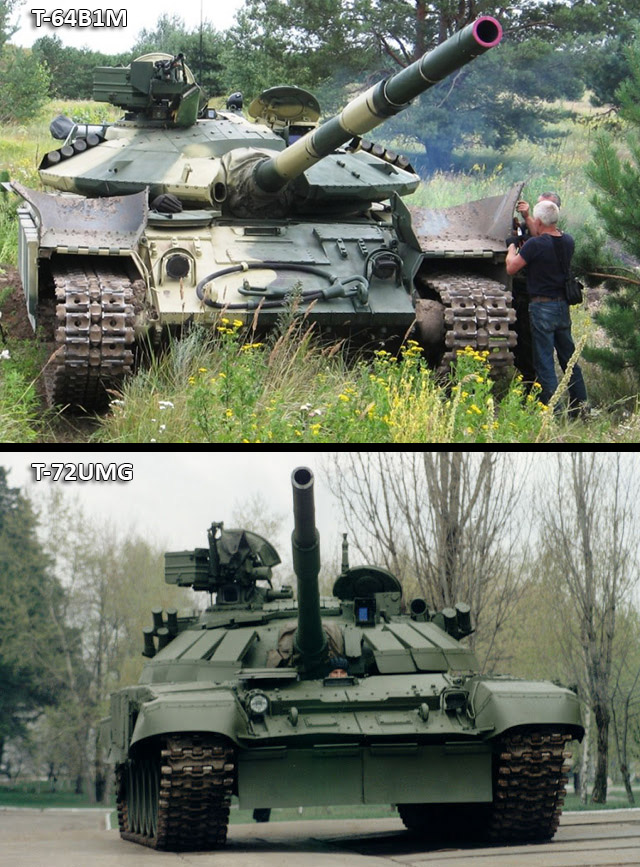 Two Ukrainian tank variants with angled ERA elements on the turret.