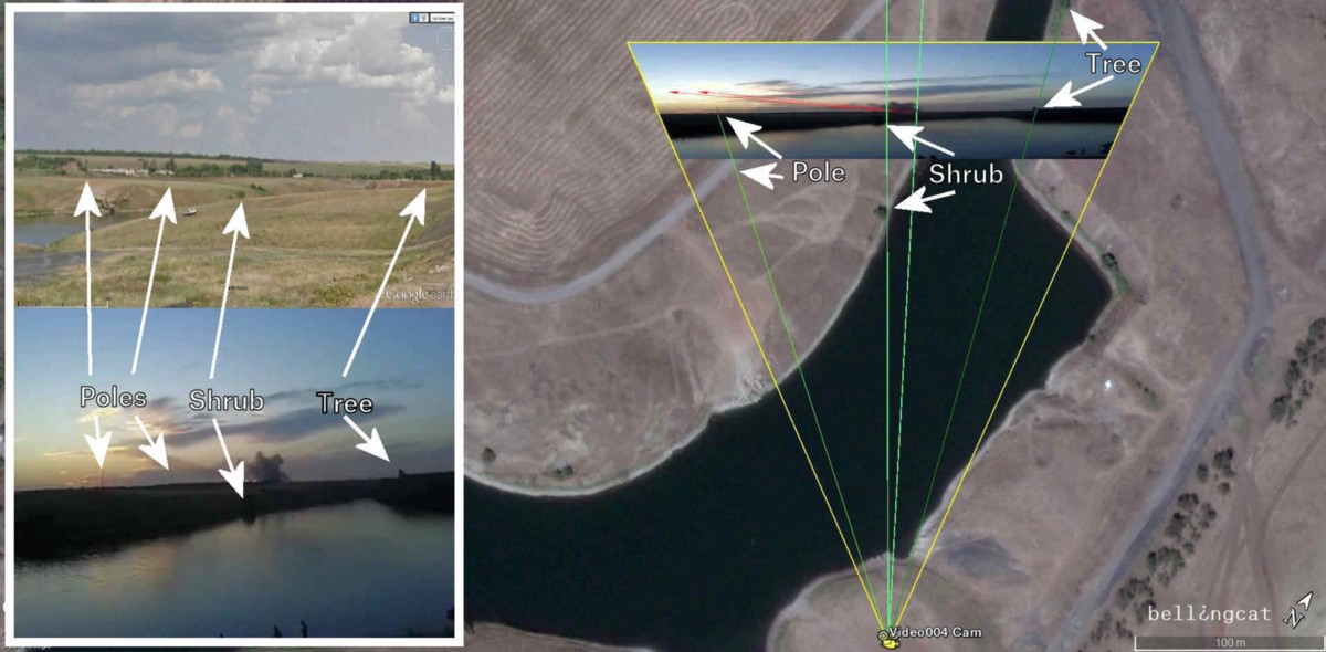 Сравнение видео огня «Града», снятого к северо-западу от Гуково (внизу слева), изображения Google Street View (вверху слева) и спутникового снимка (справа).
