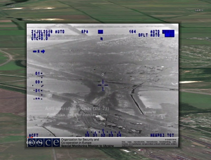 Наложение скриншота видео с БЛА СММ ОБСЕ и спутникового снимка Google Earth, направление съемки — на запад в сторону Ясиноватой и Авдеевки.